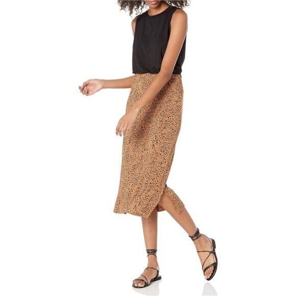 Womens Pull On Midi Skirt Stretch Jersey Knit Elastic Waist Side Slit Skirt - Picture 4 of 7